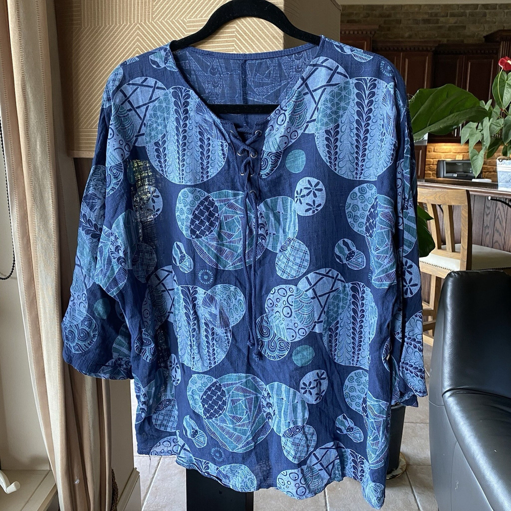 Moda Ladies Lagenlook Quirky Art Blue Oversize 100% Cotton Top circular patterns